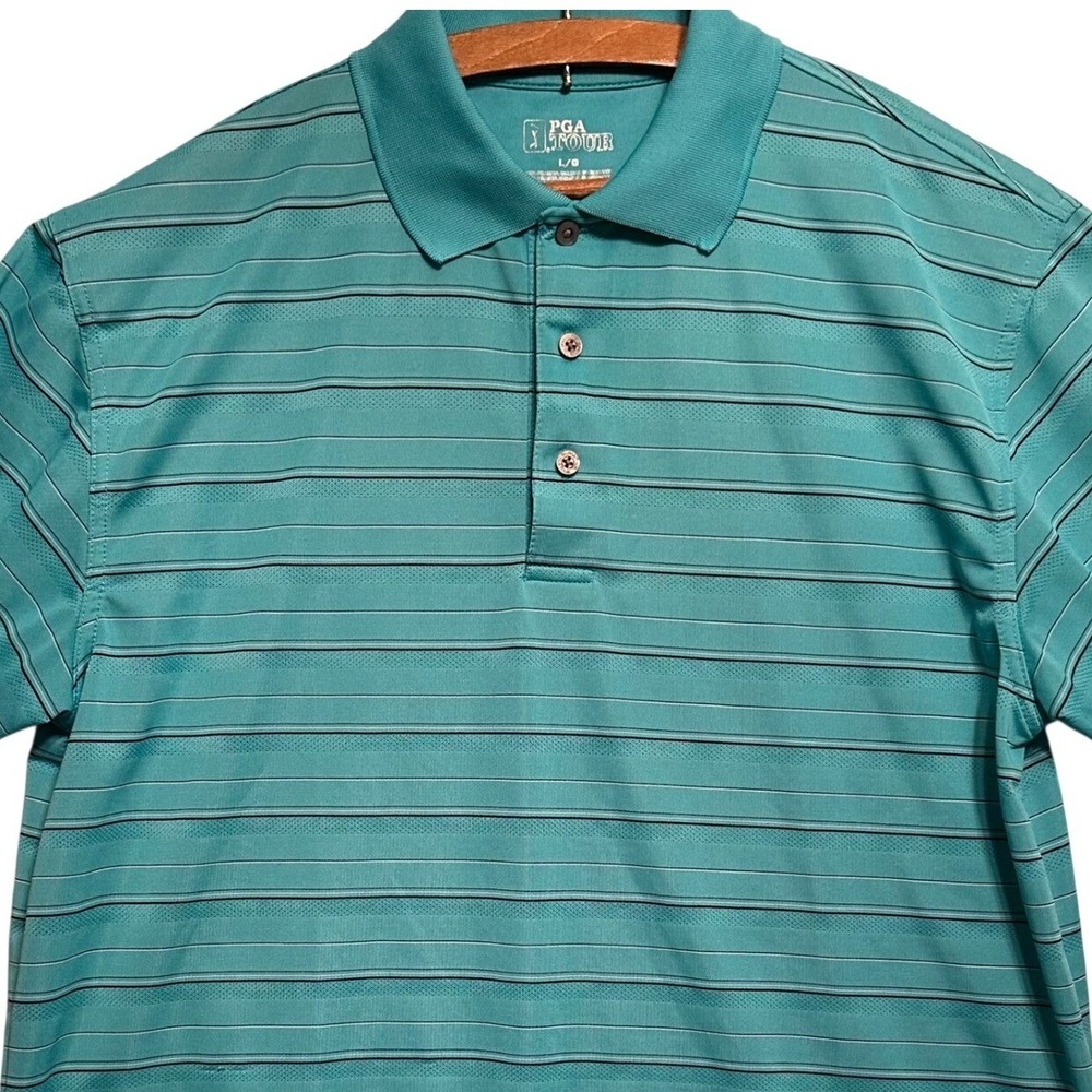 PGA Tour Mens Size Large Performance Striped Golf Polo Shirt Teal‎ 100 Polyester